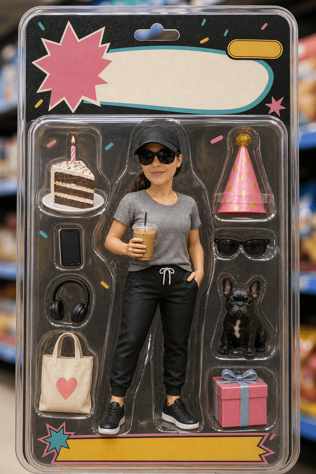 Birthday card scene: action figure