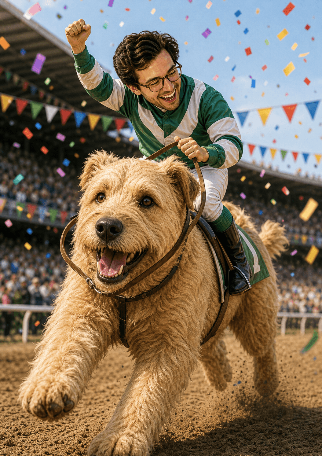 Birthday card cover with an inserted face as a tiny jockey riding a giant dog