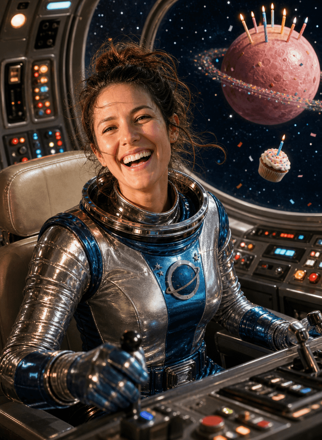 Birthday card cover with an inserted face as a retro space commander