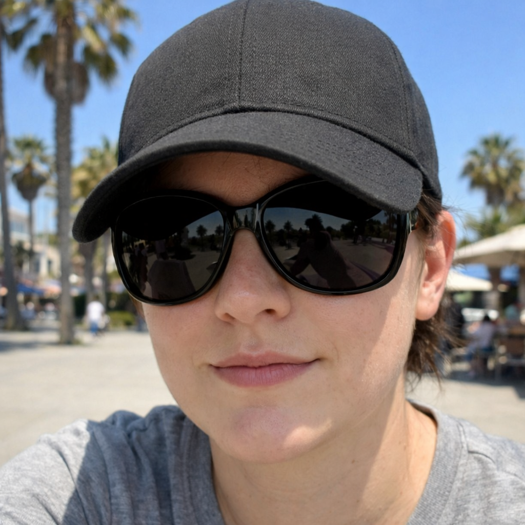 Example of a photo that does not work: face hidden behind sunglasses and a cap